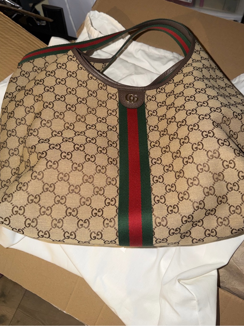 Gucci Large Giglio GG Canvas Hobo Bag with Red & Green Stripe